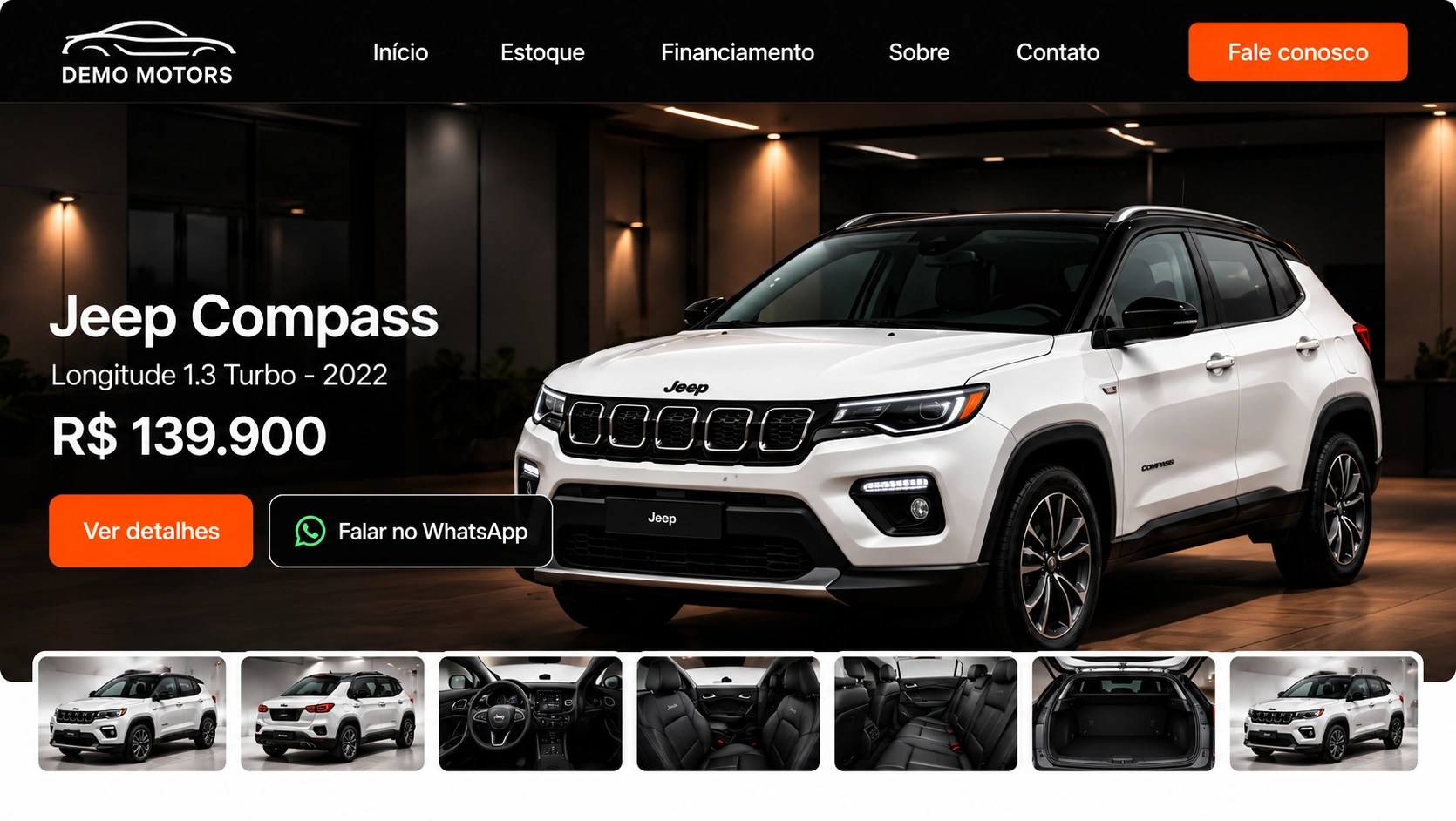 Prévia do site Demo Motors com Jeep Compass — visual recriado a partir da referência