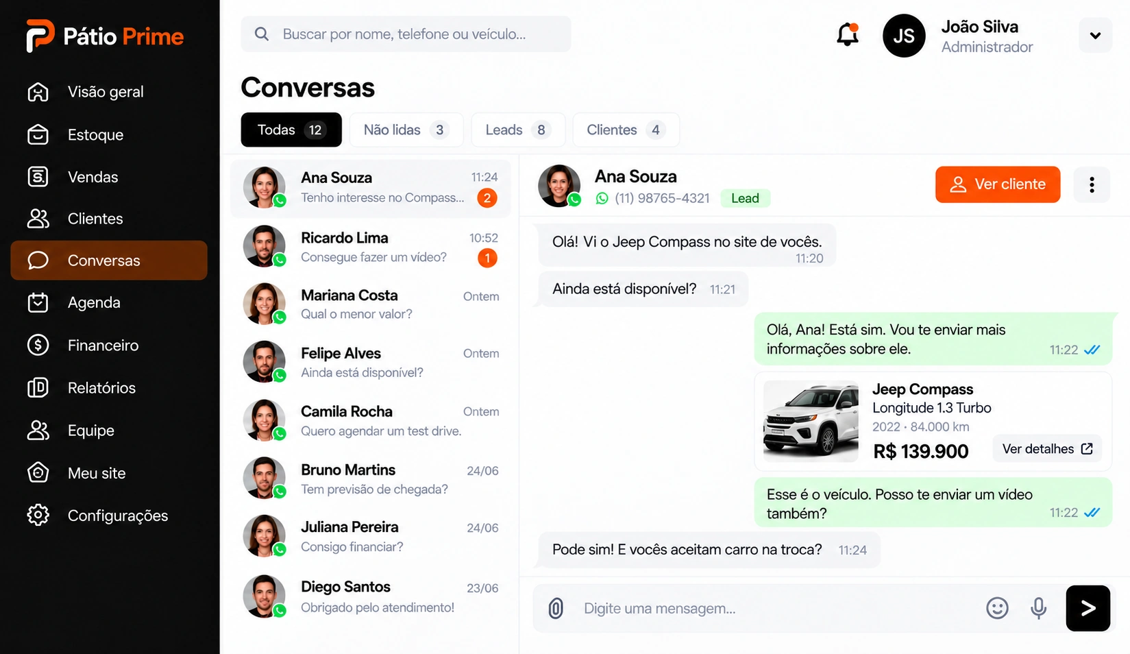 Prévia de conversas com Ana Souza e veículo de interesse — visual recriado a partir da referência