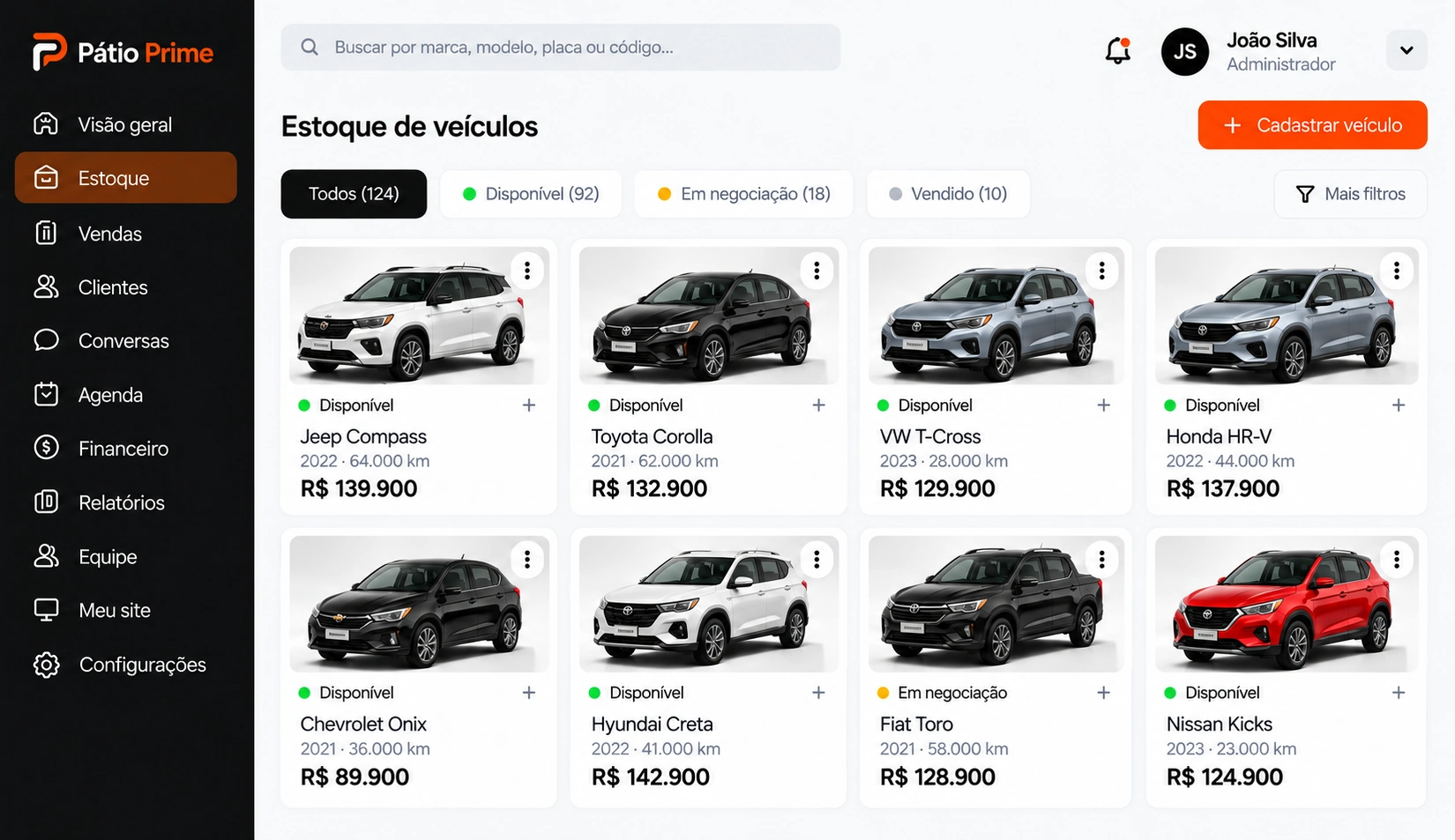 Prévia do estoque com oito veículos e filtros — visual recriado a partir da referência