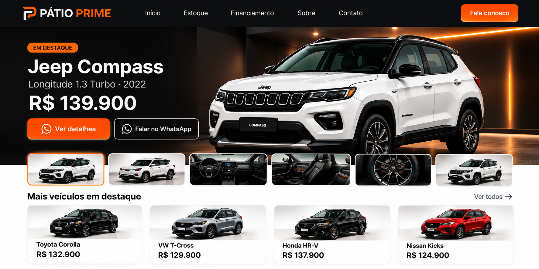 Prévia ilustrativa de site de revenda com Jeep Compass em destaque