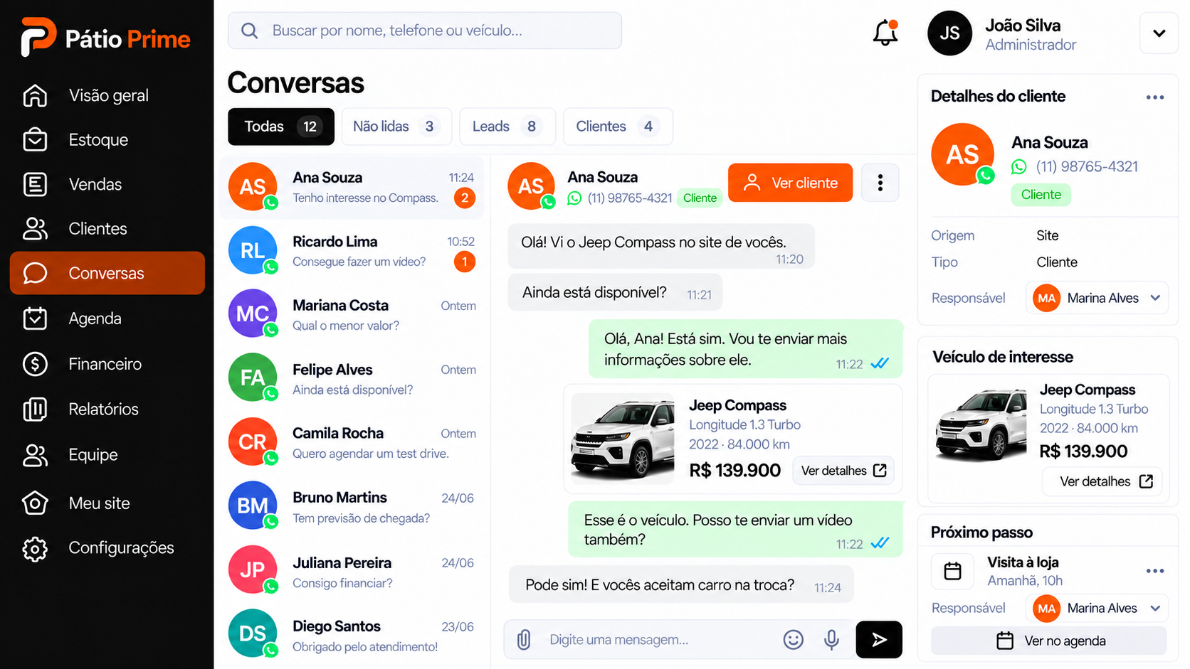Prévia ilustrativa de uma conversa, com cliente, Jeep Compass e visita agendada
